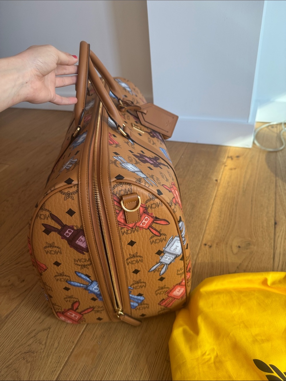Brand New MCM Cognac Visetos Weekender with Multicolor Perfume Bottle Print. - Picture 6 of 7